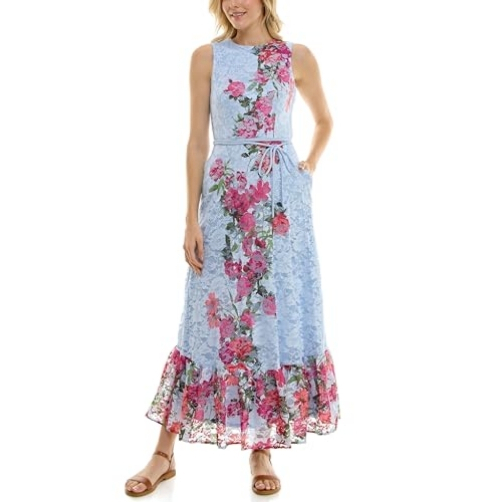 Maison Tara Floral Lace Dress in Blue and Red sz 4 NWT!